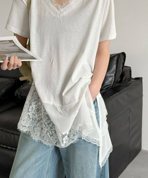 yuue' ( wear )（ユーイ）の「Vネックレースレイヤードチュニック半袖Tシャツ/ミニワンピース（Tシャツ/カットソー・レディース・ブラック/ホワイト・FREE）」の18枚目の写真