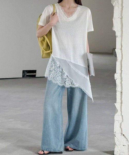 yuue' ( wear )（ユーイ）の「Vネックレースレイヤードチュニック半袖Tシャツ/ミニワンピース（Tシャツ/カットソー・レディース・ブラック/ホワイト・FREE）」の20枚目の写真