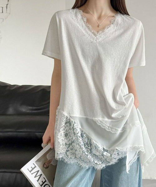 yuue' ( wear )（ユーイ）の「Vネックレースレイヤードチュニック半袖Tシャツ/ミニワンピース（Tシャツ/カットソー・レディース・ブラック/ホワイト・FREE）」の21枚目の写真