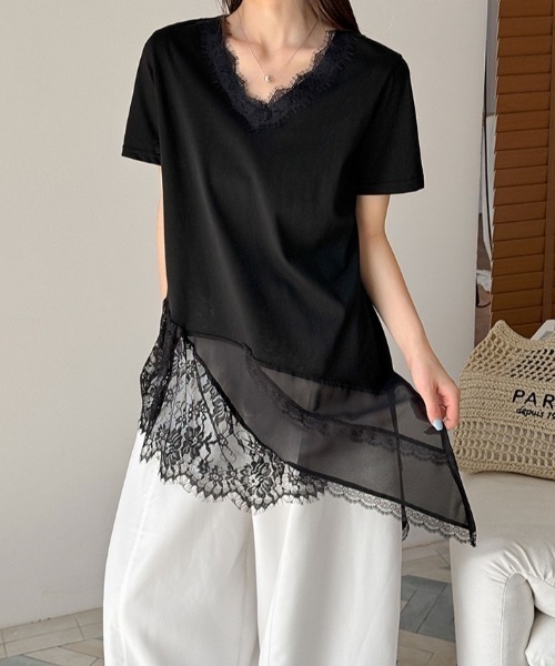 yuue' ( wear )（ユーイ）の「Vネックレースレイヤードチュニック半袖Tシャツ/ミニワンピース（Tシャツ/カットソー・レディース・ブラック/ホワイト・FREE）」の14枚目の写真