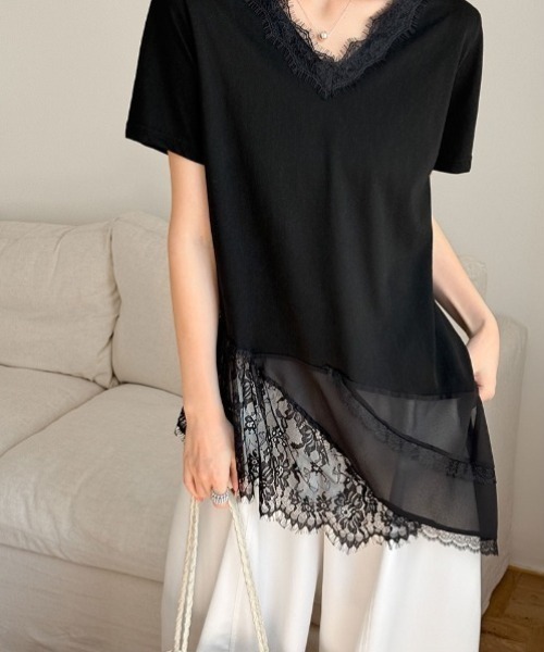 yuue' ( wear )（ユーイ）の「Vネックレースレイヤードチュニック半袖Tシャツ/ミニワンピース（Tシャツ/カットソー・レディース・ブラック/ホワイト・FREE）」の13枚目の写真