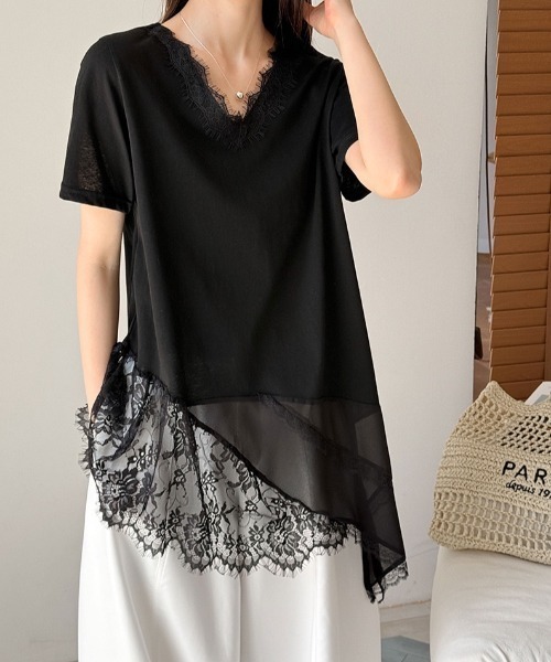 yuue' ( wear )（ユーイ）の「Vネックレースレイヤードチュニック半袖Tシャツ/ミニワンピース（Tシャツ/カットソー・レディース・ブラック/ホワイト・FREE）」の9枚目の写真