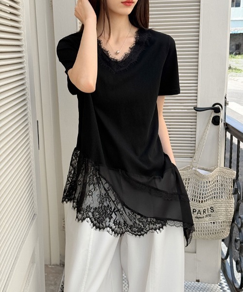 yuue' ( wear )（ユーイ）の「Vネックレースレイヤードチュニック半袖Tシャツ/ミニワンピース（Tシャツ/カットソー・レディース・ブラック/ホワイト・FREE）」の12枚目の写真