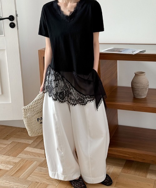 yuue' ( wear )（ユーイ）の「Vネックレースレイヤードチュニック半袖Tシャツ/ミニワンピース（Tシャツ/カットソー・レディース・ブラック/ホワイト・FREE）」の8枚目の写真