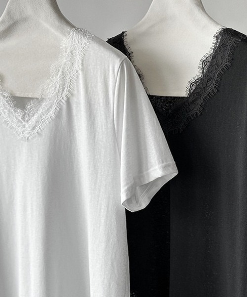 yuue' ( wear )（ユーイ）の「Vネックレースレイヤードチュニック半袖Tシャツ/ミニワンピース（Tシャツ/カットソー・レディース・ブラック/ホワイト・FREE）」の6枚目の写真