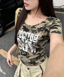 【 MEMECLE / メメクル 】スタッズデザインカモフラコンパクトTシャツ