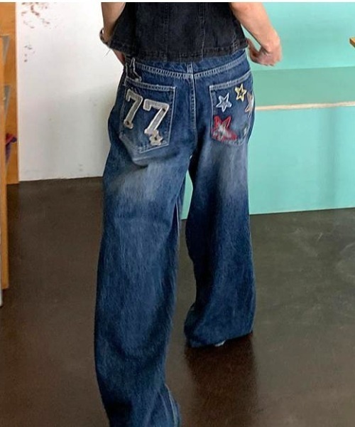 Vipoa（ヴィポア）の「American star patch wide denim（デニムパンツ・レディース・ブルー系その他・LARGE/MEDIUM）」の3枚目の写真