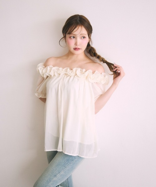 miune（ミューヌ）の「フリルシフォンオフショルダートップス（シャツ/ブラウス・レディース・ホワイト/ブラック/クリーム・FREE）」の17枚目の写真
