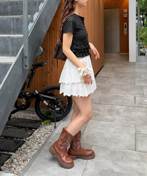 w closet(ダブルクローゼット)の「半袖ドットレースフリルカーディガン 夏服(Tシャツ/カットソー・レディース・アイボリー/ブルー/ピンク/ブラック・FREE)」の8枚目の写真