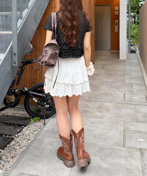 w closet(ダブルクローゼット)の「半袖ドットレースフリルカーディガン 夏服(Tシャツ/カットソー・レディース・アイボリー/ブルー/ピンク/ブラック・FREE)」の9枚目の写真