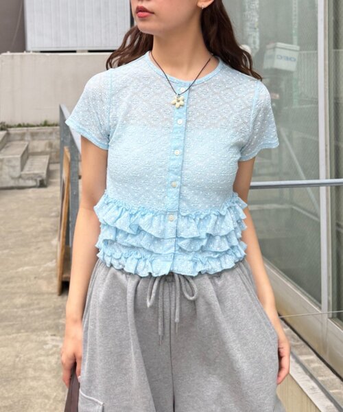 w closet(ダブルクローゼット)の「半袖ドットレースフリルカーディガン 夏服(Tシャツ/カットソー・レディース・アイボリー/ブルー/ピンク/ブラック・FREE)」の10枚目の写真