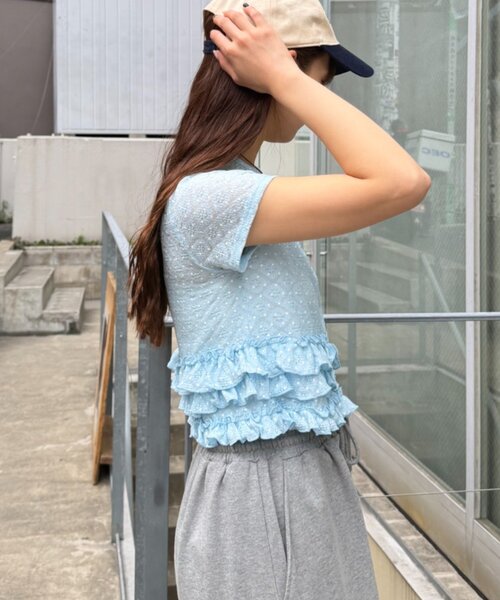 w closet(ダブルクローゼット)の「半袖ドットレースフリルカーディガン 夏服(Tシャツ/カットソー・レディース・アイボリー/ブルー/ピンク/ブラック・FREE)」の19枚目の写真