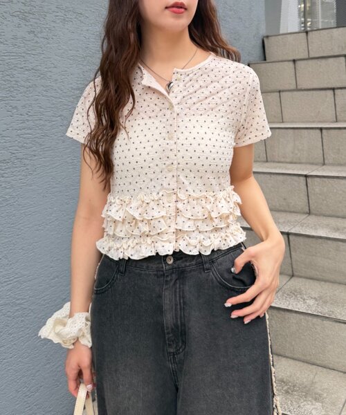 w closet(ダブルクローゼット)の「半袖ドットレースフリルカーディガン 夏服(Tシャツ/カットソー・レディース・アイボリー/ブルー/ピンク/ブラック・FREE)」の19枚目の写真