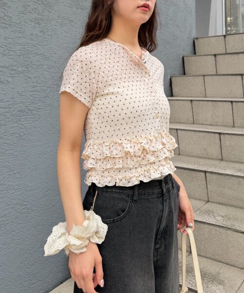 w closet(ダブルクローゼット)の「半袖ドットレースフリルカーディガン 夏服(Tシャツ/カットソー・レディース・アイボリー/ブルー/ピンク/ブラック・FREE)」の20枚目の写真