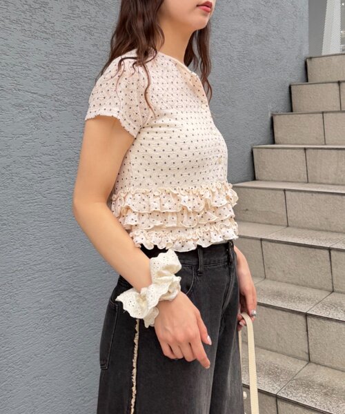 w closet(ダブルクローゼット)の「半袖ドットレースフリルカーディガン 夏服(Tシャツ/カットソー・レディース・アイボリー/ブルー/ピンク/ブラック・FREE)」の22枚目の写真