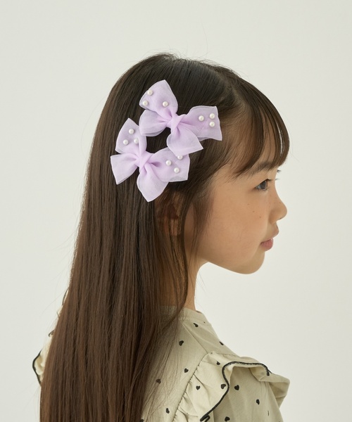 Lycee mine（リセマイン）の「イミテーションパール付きリボンヘアクリップ(2コセット)【子供服】【キッズ】【女の子】（その他ヘアアクセサリー・キッズ・ピンク/エメラルド/サックスブルー/ラベンダー・F）」の4枚目の写真