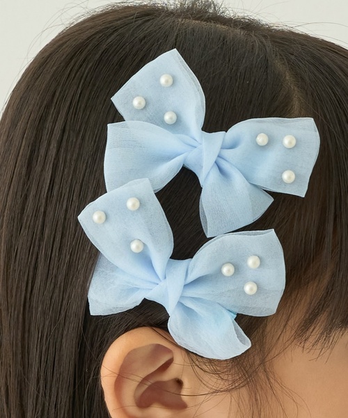 Lycee mine（リセマイン）の「イミテーションパール付きリボンヘアクリップ(2コセット)【子供服】【キッズ】【女の子】（その他ヘアアクセサリー・キッズ・ピンク/エメラルド/サックスブルー/ラベンダー・F）」の15枚目の写真