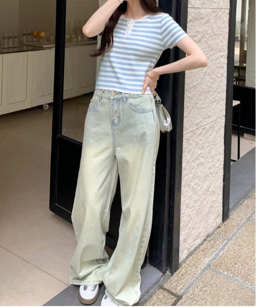 ＆soiree（アンドソワレ）の「ボーダー柄ヘンリーネック半袖ニットトップス（その他トップス・レディース・ブルー・LARGE/MEDIUM/SMALL）」の4枚目の写真