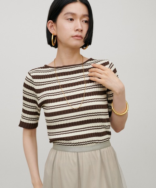 LARUTA(ラルータ)の「【LARUTA】ボーダーリブ5分袖ニット(ニット/セーター・レディース・ブラウン/ネイビー/ダークブラウン/ブラック・MEDIUM)」の18枚目の写真