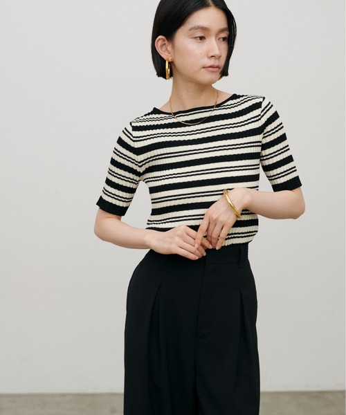 LARUTA(ラルータ)の「【LARUTA】ボーダーリブ5分袖ニット(ニット/セーター・レディース・ブラウン/ネイビー/ダークブラウン/ブラック・MEDIUM)」の8枚目の写真