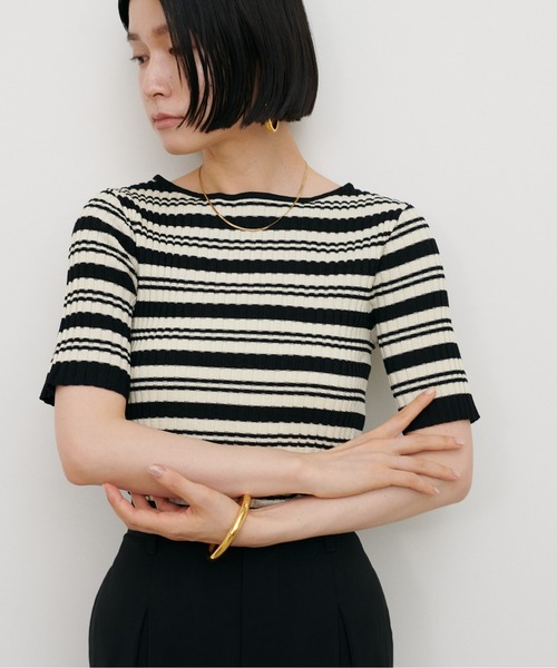 LARUTA(ラルータ)の「【LARUTA】ボーダーリブ5分袖ニット(ニット/セーター・レディース・ブラウン/ネイビー/ダークブラウン/ブラック・MEDIUM)」の6枚目の写真