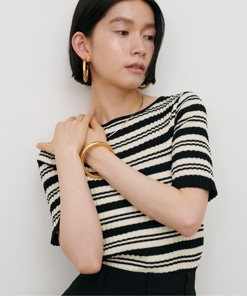LARUTA(ラルータ)の「【LARUTA】ボーダーリブ5分袖ニット(ニット/セーター・レディース・ブラウン/ネイビー/ダークブラウン/ブラック・MEDIUM)」の5枚目の写真