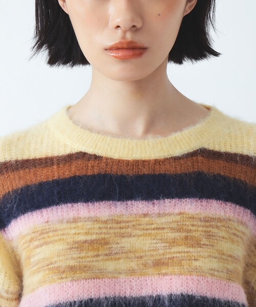 Ray BEAMS（レイビームス）の「ミックス マルチボーダー クルーネック（ニット/セーター・レディース・オリーブ/クリーム・ONE SIZE）」の4枚目の写真