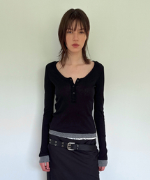 レイヤードヘンリーネックTシャツ(ブラック)