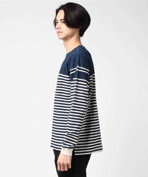 REMI RELIEF（レミレリーフ）の「REMI RELIEF/レミレリーフ ﾗｶﾞｰ切替ﾎﾞｰﾀﾞｰｸﾙｰﾛﾝT インディゴ（Tシャツ/カットソー・メンズ・ホワイト×ブルー・S/M）」の2枚目の写真