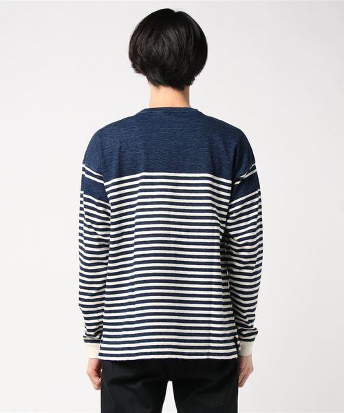 REMI RELIEF（レミレリーフ）の「REMI RELIEF/レミレリーフ ﾗｶﾞｰ切替ﾎﾞｰﾀﾞｰｸﾙｰﾛﾝT インディゴ（Tシャツ/カットソー・メンズ・ホワイト×ブルー・S/M）」の3枚目の写真
