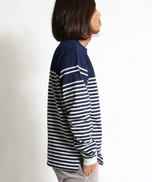 REMI RELIEF（レミレリーフ）の「REMI RELIEF/レミレリーフ ﾗｶﾞｰ切替ﾎﾞｰﾀﾞｰｸﾙｰﾛﾝT インディゴ（Tシャツ/カットソー・メンズ・ホワイト×ブルー・S/M）」の4枚目の写真