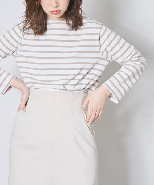natural couture(ナチュラルクチュール)の「便利なベーシックボーダーT(Tシャツ/カットソー)」|ベージュ
