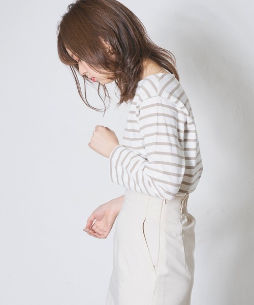 natural couture(ナチュラルクチュール)の「便利なベーシックボーダーT(Tシャツ/カットソー・レディース・ブラック/ベージュ/サックスブルー/イエロー/ピンク・FREE)」の9枚目の写真