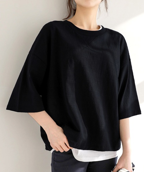 Amulet（アミュレット）の「5分丈トップス（Tシャツ/カットソー・レディース・ホワイト/ブラック/ネイビー/マスタード・M/L/XL）」の3枚目の写真