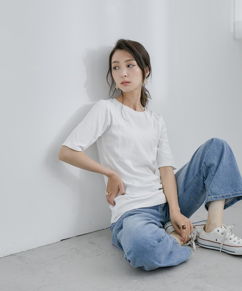 Fashion Letter（ファッションレター）の「コットンフライス5分袖Tシャツカットソー（Tシャツ/カットソー・レディース・ブラック/ネイビー/チャコールグレー/オフホワイト/杢グレー・M/3L/4L/LL/L）」の10枚目の写真