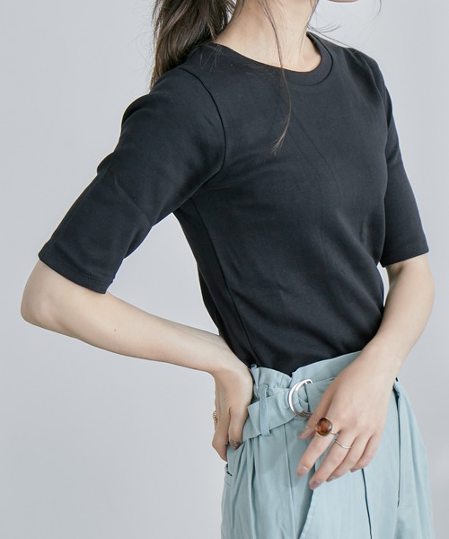 Fashion Letter（ファッションレター）の「コットンフライス5分袖Tシャツカットソー（Tシャツ/カットソー・レディース・ブラック/ネイビー/チャコールグレー/オフホワイト/杢グレー・M/3L/4L/LL/L）」の11枚目の写真