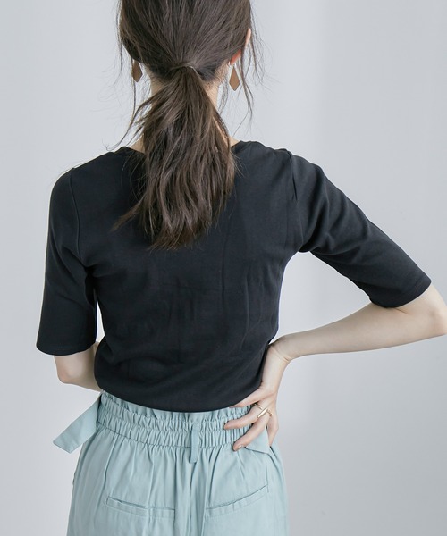 Fashion Letter（ファッションレター）の「コットンフライス5分袖Tシャツカットソー（Tシャツ/カットソー・レディース・ブラック/ネイビー/チャコールグレー/オフホワイト/杢グレー・M/3L/4L/LL/L）」の14枚目の写真