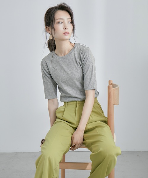 Fashion Letter（ファッションレター）の「コットンフライス5分袖Tシャツカットソー（Tシャツ/カットソー・レディース・ブラック/ネイビー/チャコールグレー/オフホワイト/杢グレー・M/3L/4L/LL/L）」の16枚目の写真