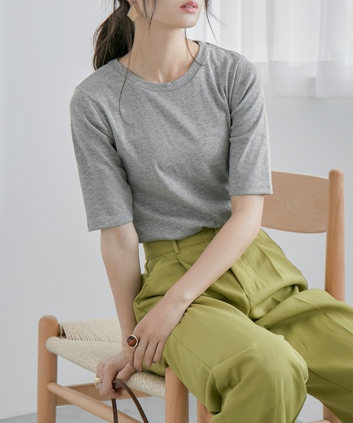 Fashion Letter（ファッションレター）の「コットンフライス5分袖Tシャツカットソー（Tシャツ/カットソー・レディース・ブラック/ネイビー/チャコールグレー/オフホワイト/杢グレー・M/3L/4L/LL/L）」の20枚目の写真