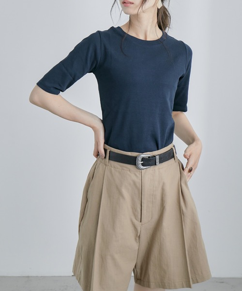 Fashion Letter（ファッションレター）の「コットンフライス5分袖Tシャツカットソー（Tシャツ/カットソー・レディース・ブラック/ネイビー/チャコールグレー/オフホワイト/杢グレー・M/3L/4L/LL/L）」の21枚目の写真