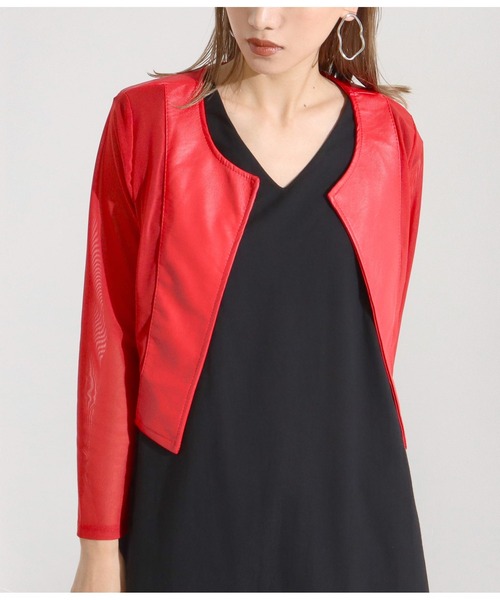 Settimissimo（セッティミッシモ）の「フェイクレザーメッシュ切替ジャケット（ノーカラージャケット・レディース・ブラック/レッド・FREE）」の2枚目の写真