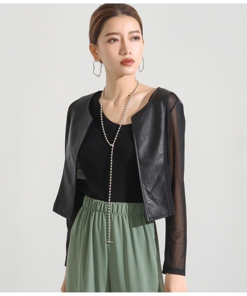 Settimissimo（セッティミッシモ）の「フェイクレザーメッシュ切替ジャケット（ノーカラージャケット・レディース・ブラック/レッド・FREE）」の7枚目の写真