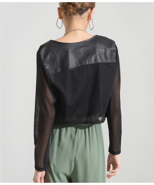 Settimissimo（セッティミッシモ）の「フェイクレザーメッシュ切替ジャケット（ノーカラージャケット・レディース・ブラック/レッド・FREE）」の5枚目の写真