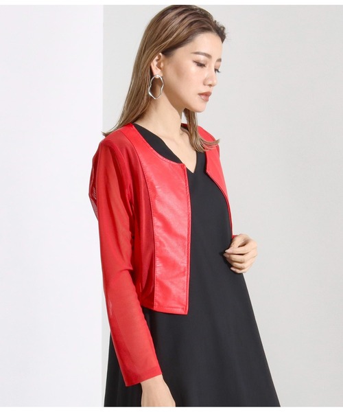 Settimissimo（セッティミッシモ）の「フェイクレザーメッシュ切替ジャケット（ノーカラージャケット・レディース・ブラック/レッド・FREE）」の4枚目の写真