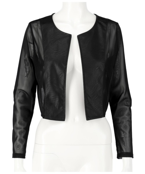 Settimissimo（セッティミッシモ）の「フェイクレザーメッシュ切替ジャケット（ノーカラージャケット・レディース・ブラック/レッド・FREE）」の10枚目の写真