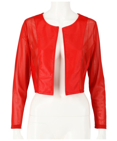 Settimissimo（セッティミッシモ）の「フェイクレザーメッシュ切替ジャケット（ノーカラージャケット・レディース・ブラック/レッド・FREE）」の9枚目の写真