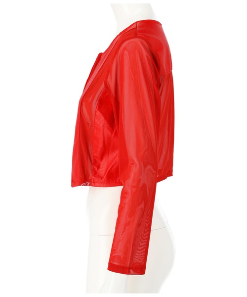 Settimissimo（セッティミッシモ）の「フェイクレザーメッシュ切替ジャケット（ノーカラージャケット・レディース・ブラック/レッド・FREE）」の8枚目の写真