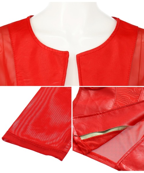 Settimissimo（セッティミッシモ）の「フェイクレザーメッシュ切替ジャケット（ノーカラージャケット・レディース・ブラック/レッド・FREE）」の6枚目の写真