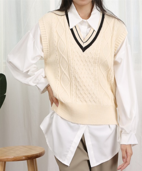 MAISON DE THERESE(メゾン ド テレーズ)の「Vネック 配色ニットベスト(ベスト・レディース・Off White/ネイビー/ベージュ・FREE)」の15枚目の写真