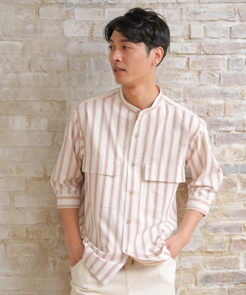 UNION STATION（ユニオンステーション）の「スラブストライプ七分丈CPOバンドカラーシャツ（シャツ/ブラウス・メンズ・ベージュ/ブルー/ミント・LL/M/L）」の2枚目の写真